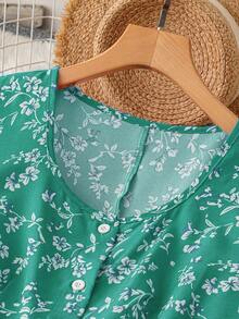 GlowEve 碎花中长款纽扣前开襟连衣裙 - 青碧色 - 查看 5