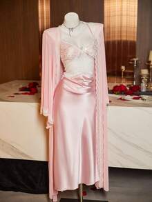 SilkySpell Wrist-Length Sleeve Mesh Pajama Set In Pink With Stylish Lace Details Satin Night Gown Boudoir Outfits - Pink - View 7