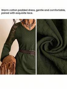 Freevana 大码女式纹理对比蕾丝插入长袖连衣裙女式毛衣连衣裙毛衣连衣裙橄榄色连衣裙绿色连衣裙秋季连衣裙女式冬装商务休闲女装女式秋装女式冬装女式办公室服装橄榄绿别致冬季商务 - 軍綠色 - 查看 8