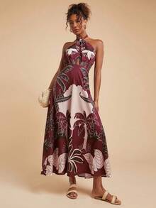 Travachic Women's Halter Backless Sleeveless Plant Pattern Print Dress Fall Outfits Women Winter Clothes For Women Halter Maxi Dress Tropical Print Maxi Dress Vacation Maxi Dress Dinner Maxi Dress,Casual Woman Style, Fall Outfits For Women, Chic Autumn,Going Out Outfit,Elegant Outfits,Country Style For Women, Beach Wedding Guest Dress - Multicolor - View 5