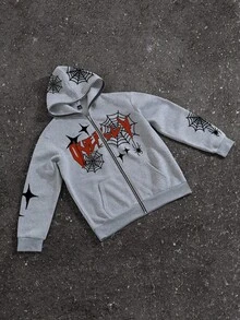 Manfinity EMRG Men's Spider Web Print Zip-Up Hooded Sweatshirt With Thermal Lined Spiderweb Hoodie Gray Graphic Hoodie , Fall Winter - Grey - View 5