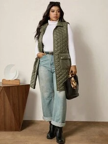 Zelara 加大码女式防水实用口袋拉链前开无袖冬季外套女式背心女式外套 - 軍綠色 - 查看 7