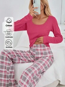 EURMUSE Cotton Plus 2Pcs Long Sleeve Shirt And Plaid Printed Long Pants Lounge Set - Pink - View 1