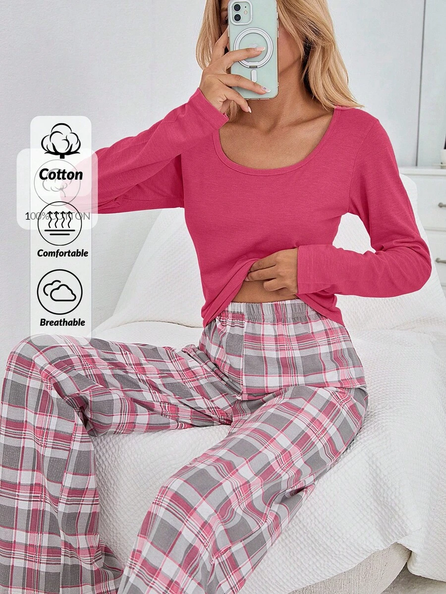 EURMUSE Cotton Plus 2Pcs Long Sleeve Shirt And Plaid Printed Long Pants Lounge Set - Pink - View 1