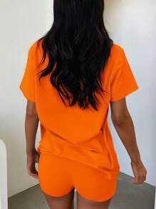 INAWLY 2 Pieces Women Summer Casual Solid Color Short Sleeve T-Shirt And Shorts Set - Orange - View 4