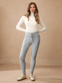 Wildy Tie Waist Ribbed Knit Bodycon Leggings - Grey - View 6