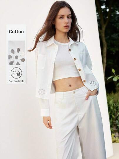 Maija 2025 经典刺绣镂空下摆天然纤维舒适宽松白色基础款女装夹克，适合初秋度假白色白色短款上衣夹克白色短款夹克白色白色纽扣夹克刺绣棉质面料外出