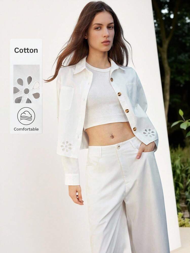 SHEIN Maija 2025 Classic Embroidered Hollow Hem Natural Fiber Comfortable Loose White Basic Jacket For Women, Suitable For Early Autumn Vacation White White Crop Top Jacket White Cropped Jacket White White Button Up Jacket Embroidered Cotton Fabric Going Out