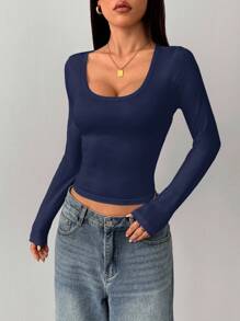 SHEIN PETITE Camiseta feminina casual de manga comprida, gola redonda, cor sólida, modelagem slim, ideal para o verão e outono/inverno. Blusa azul-escura, blusa azul de manga comprida, blusa azul feminina justa, blusa feminina com decote redondo.