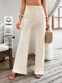 EURMUSE Quần ống rộng dệt kim trơn Lurex bóng thanh lịch - Màu be - Xem 1