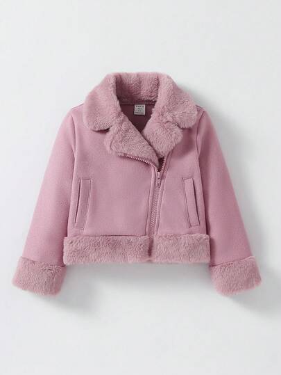 Elladie kids Young Girls' Solid Color Faux Fur Collar Long Sleeve Zip-Up Short Winter Jacket Toddler Girl Jacket Girls Pink Jacket Fall