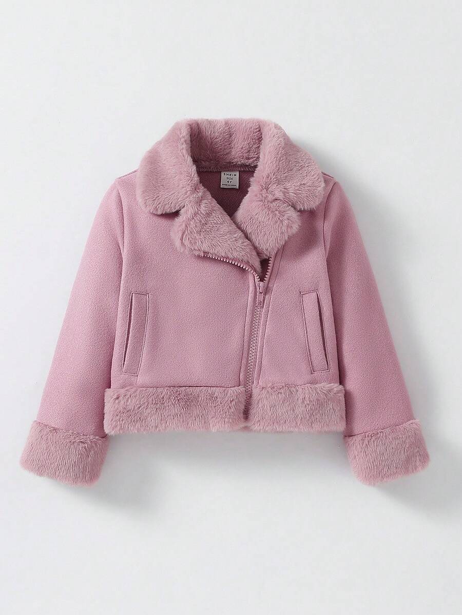 Elladie kids Young Girls' Solid Color Faux Fur Collar Long Sleeve Zip-Up Short Winter Jacket Toddler Girl Jacket Girls Pink Jacket Fall