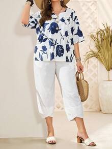 EMERY ROSE Plus Size Women Floral Print Blouse And Capri Pants Set, Summer,Holiday Outfits,Flower/Vacation/Spring - White - View 4