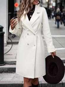 SHEIN LUNE 纯色双排扣休闲外套，秋冬季女装 - 白色 - 查看 5