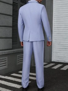 Manfinity Mode Bộ vest nam màu trơn cổ ve dài tay cài nút đơn và quần âu thường ngày màu xanh nhạt, phong cách Old Money - Màu xanh lam - Xem 2