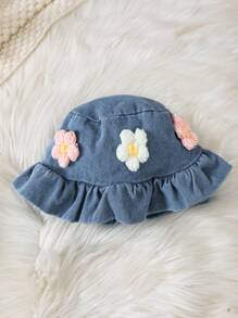 SHEIN 1 件女童/女宝宝休闲蓝色水洗牛仔花卉刺绣长袖连体裤 - 藍色 - 查看 4