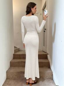 Easowa Blue And White Stripe,Autumn,Elegant,Dates Long Sleeve Maxi Dress,Apricot Waffle Fabric Knit Bodycon Fish Tail Skirt For Women Christmas Clothes - Apricot - View 5