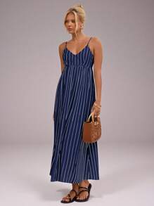 Avantive Vestido largo y suelto con cuello halter a rayas azul marino, vestidos de otoño para mujer, casual de negocios, vestido con hombros descubiertos para conciertos, atuendos para brunch, vestidos casuales para vacaciones en la playa, atuendos de cumpleaños, ropa escolar, vestido de regreso a casa estilo occidental de los años 2000, ropa bohemia para salir