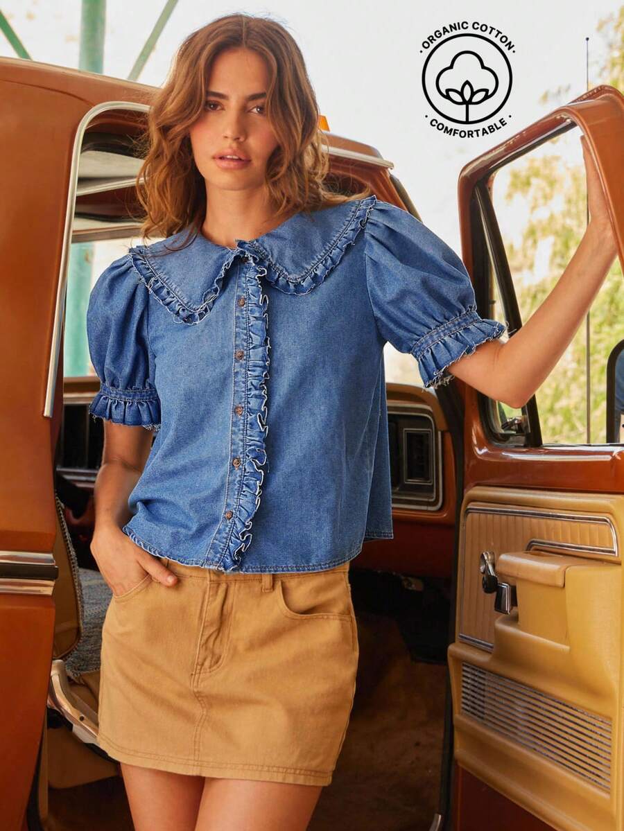 WESTFADE Cotton Blend Chambray Ruffle Collar Short Sleeve Button Up Shirt Cute Summer Denim Tops Country Concert European Summer Beach Vacation For Women - Medium Wash - View 1