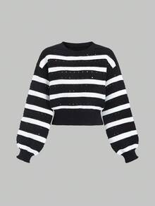 Sweetra Minimalistyczny i uroczy sweter damski w czarno-białe paski z rękawami typu latarnia i okrągłym dekoltem, jesień/zima - Czarne - Zobacz 1