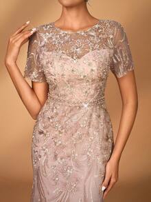 Serin Elegant Luxurious Embroidered Lace Sequin Floral Design With Faux Pearl Sheer Sleeve Dress, Suitable For Wedding, Party, Vacation, Prom, Evening Gown, Mother Of The Bride, Valentine's Day - Pink - View 7