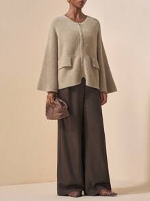 Zivah 2025 秋冬新品优雅派对约会休闲户外家居纯卡其色宽松喇叭长袖拉链女针织开衫 - 卡其色 - 查看 1