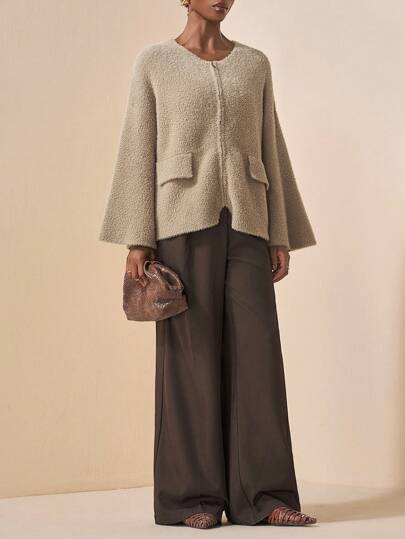 Zivah 20  Autumn/Winter New Arrival Elegant & Party & Date & Casual & Outdoor & Home Solid Khaki Loose Flare Long Sleeve Zip Front Women Knitted Cardigan Sweater,Fall