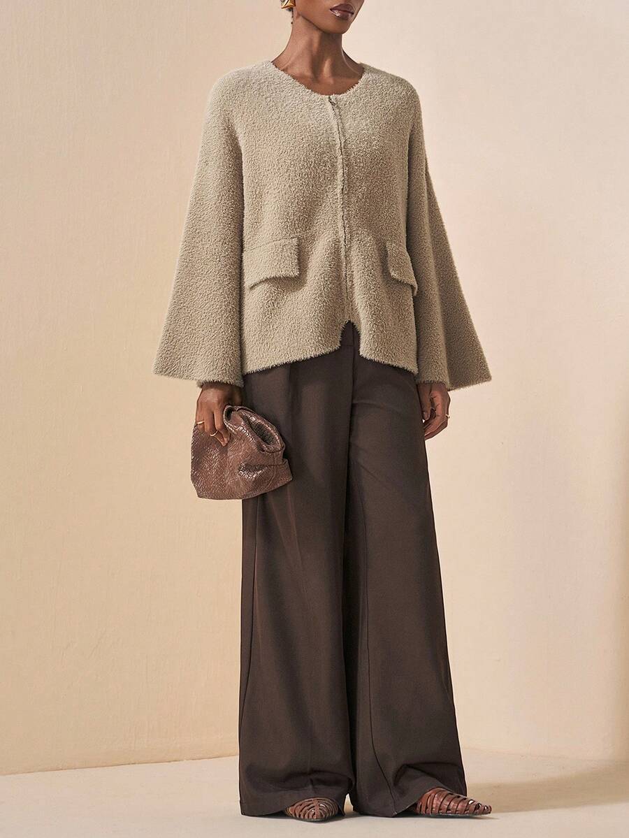 Zivah 2025 秋冬新品优雅派对约会休闲户外家居纯卡其色宽松喇叭长袖拉链女针织开衫 - 卡其色 - 查看 1