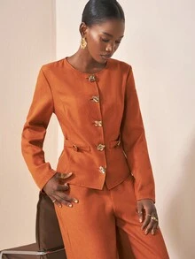 Zivah Conjunto de 2 piezas de lino en marrón rojizo, compuesto por: Chaqueta de manga larga con solapa asimétrica y decoración de botón de metal, cintura ceñida, y pantalón de pierna ancha. Nuevo lanzamiento para otoño/invierno 2025, ideal para festivales de música, graduación, uso diario, vacaciones en la playa, streetwear y elegante para ir al trabajo.