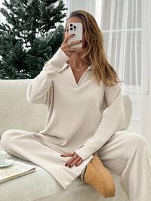 SHEIN Women's Brushed Ribbed Set, Casual, Chic - Beige - View 5