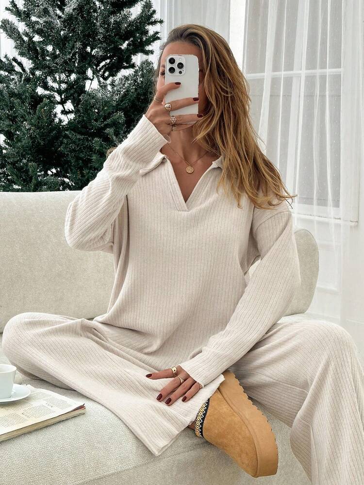 SHEIN Women's Brushed Ribbed Set, Casual, Chic - Beige - View 5