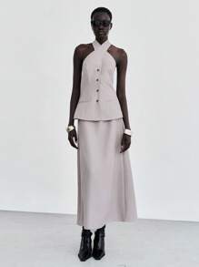 Lumivelle Light Grey,Summer,Elegant,Party Night French Halter Sleeveless Fitted Vest & A-Line Skirt 2 Pieces Set,Linen-Like Old Money Retro Commute Casual Set - Light Grey - View 6