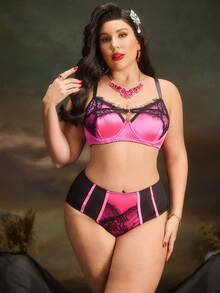 PinupPomp Plus Size Lace Patchwork Underwire Bra & Panty Set Vintage