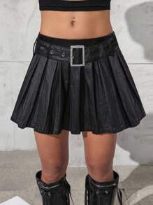 SHEIN Unity Minifalda plisada con diseño de hebilla en la cintura, unicolor para mujer - Negro - View 1