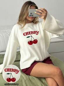 SHEIN Oversized Crew Neck Knit Sweater With CHERRY Embroidery,Jumper,Cream Jumper,Jumpers For Women,Jumpers,Black Jumper,Womens Jumper,White Jumper,Women's Jumper,Women's Jumpers,Winter Clothes
