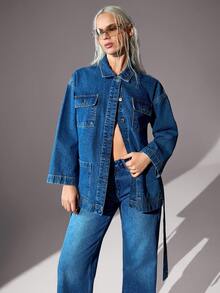 CasuGlow MULTI-POCKET DROPPED SHOULDER LOOSE DENIM JACKET - Dark Wash - View 4