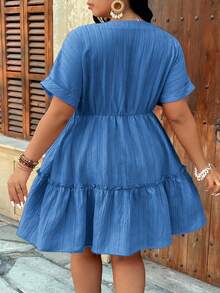 SHEIN CURVE+ CURVE+-D Plus Size V-Neck Textured Fabric Raglan Sleeve A-Line Layered Ruffle Hem Casual Dress For Outing, Party, Date, Vacation