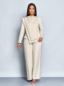 SOLERSUN 女士通勤垂坠领撞色黑色条纹亚麻不对称下摆衬衫和阔腿裤两件套 - 杏色 - 查看 5