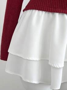 SHEIN Unity Váy ngắn tay dài cổ bèo nhún đôi thời trang ngoài trời cho nữ, thu/đông, chất liệu vải gân mềm mại, màu tương phản, thích hợp mặc ngoài trời khi trở lại trường - Nhiều màu - Xem 6