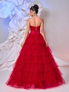 Glamrae Elegant Red Satin & Net Mesh Lace Sweetheart Neckline Rhinestone & Fishbone Boned Belted A-Line Asymmetrical Hem High Slit Backless Adjustable Tie Dress, Suitable For Birthday, Prom, Wedding, Graduation, Formal Occasion - Burgundy - View 4