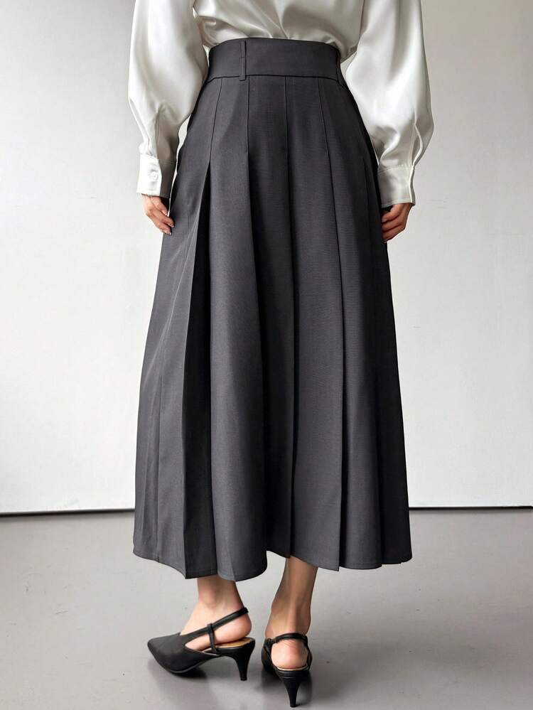 Women's Solid Color Pleated A-Line Skirt With Slit, Casual Retro College Style Long Skirt, Autumn/Winter Leather Skirt