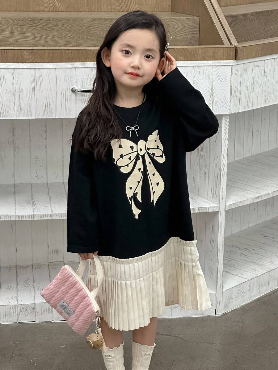 DAZY Young Girls Round Neck Bow Print Color Block Pleated Patchwork Korean Style Mid-Length Dress Fall/Winter - Black - View 1