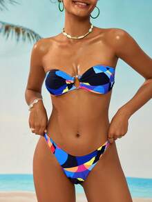 Swim Vcay 女款夏季海灘幾何印花抹胸性感比基尼泳衣套裝 - 彩色 - 查看 3