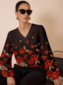 Glamance Whitebread Camisa de mujer de manga larga con estampado de flores elegante y casual, adecuada para el otoño, blusa de manga farol negra con estampado floral - Multicolor - Ver 4
