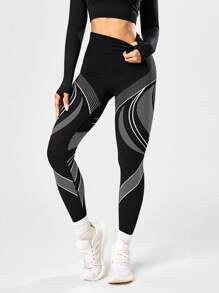 Easithlete Quần legging tập yoga họa tiết sọc liền mạch cạp cao màu đen cho nữ - màu đen - Xem 5