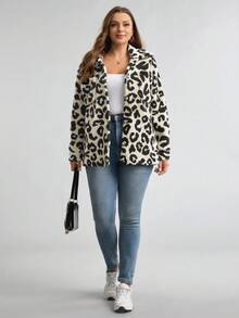 SHEIN LUNE 大码女式豹纹长袖单排扣休闲仿皮草宽松外套，适合秋冬季办公室穿着，日常穿着、假日优雅装扮、职场女神范儿，尽显秋冬风情。 - 彩色 - 查看 5