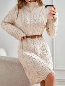 SHEIN Tall Rochie de damă înaltă, cu guler înalt, cu mânecă lungă, casual, tricotată, cu guler înalt - Caisă - Vizualizare 1