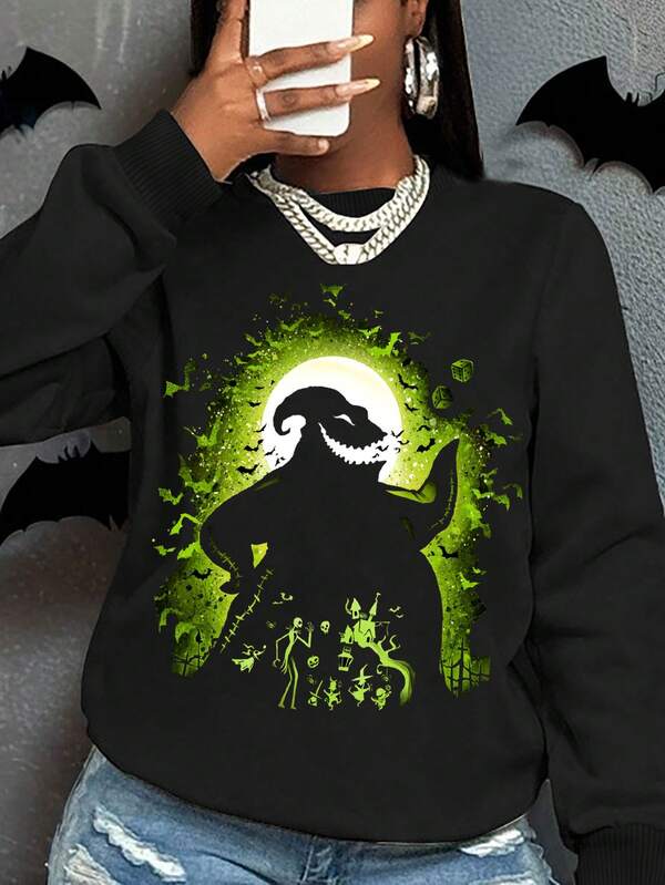 Rovax Women's Casual Loose Fit Round Neck Long Sleeve Black & Green Ghost Print Sweatshirt, Autumn
