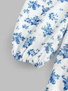 Girlism Tween-Mädchen Rückenfreies, rückenfreies, florales, quadratisches Halsausschnitt, langärmliges Lässig kleid, lässig - Blau-Weiß - Übersicht 4