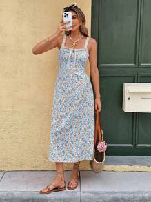 Serisse Vestido camisero informal de mujer a media pierna con estampado floral y bajo con volantes - Azul - Ver 3